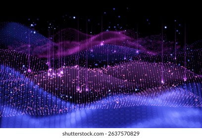 Deep blue digital wave with glowing particles. Cybernetic ocean abstract data visualization. AI-inspired liquid tech background 3D. Holographic particle sea for metaverse. Vector background