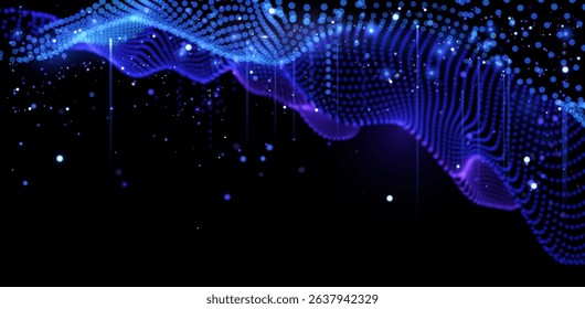 Deep blue digital wave with glowing particles. Cybernetic ocean abstract data visualization. AI-inspired liquid tech background 3D. Holographic particle sea for metaverse. Vector background