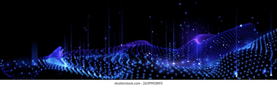 Deep blue digital wave with glowing particles. Cybernetic ocean abstract data visualization. AI-inspired liquid tech background 3D. Holographic particle sea for metaverse. Vector background