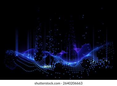 Deep blue digital wave with glowing particles. Cybernetic ocean abstract data visualization. AI-inspired liquid tech background 3D. Holographic particle sea for metaverse. Vector background
