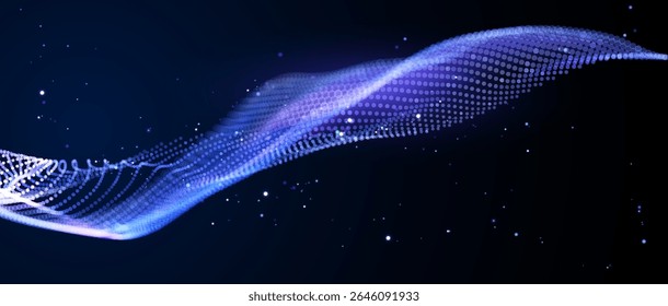 Deep blue digital wave with glowing particles. Cybernetic ocean abstract data visualization. AI-inspired liquid tech background 3D. Holographic particle sea for metaverse. Vector background
