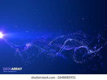 Deep blue digital wave with glowing particles. Cybernetic ocean abstract data visualization. AI-inspired liquid tech background 3D. Holographic particle sea for metaverse. Vector background