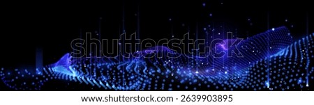 Deep blue digital wave with glowing particles. Cybernetic ocean abstract data visualization. AI-inspired liquid tech background 3D. Holographic particle sea for metaverse. Vector background