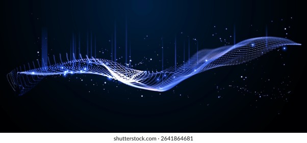 Deep blue digital waves with glowing particles. Cybernetic ocean abstract data visualization. AI-inspired liquid tech background 3D. Holographic particle sea for metaverse. Vector background