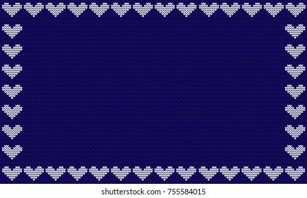 Deep blue fabric knitted background framed with knit white hearts. Vector illustration, template, poster with space for text.