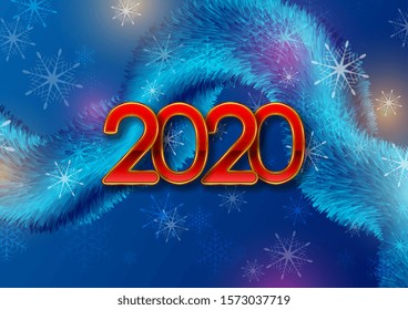 Deep blue fluffy wave and red golden 2020 New Year abstract background. Winter Christmas graphic design. Vector illustration