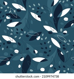 Deep blue foliage pattern, seamless vector. Botanical theme, leaves and flowers. Elegant colors ideal for fabric print. Polka dots repeat texture. Autumn, fall, winter fashion design. 