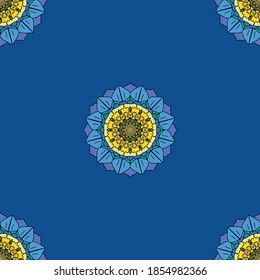 Patrón floral geométrico profundo. Mandala botánica inspirada en la flor de la miosotis (el nombre común "olvídenme-no"). contorno de cítricos amarillo, azul marino y negro. Flores pequeñas sin costura.