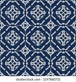 Deep Blue Geometric Seamless Pattern with Tribal Shape. Pink Red Pattern designed in Ikat, Aztec, Moroccan, Luxury Arabic Style. Ideal for Fabric Garment, Ceramics, Wallpaper. Vector Illustration.