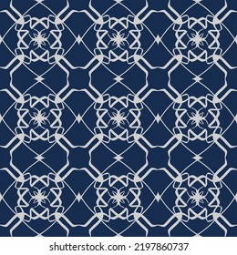 Deep Blue Geometric Seamless Pattern with Tribal Shape. Pink Red Pattern designed in Ikat, Aztec, Moroccan, Luxury Arabic Style. Ideal for Fabric Garment, Ceramics, Wallpaper. Vector Illustration.