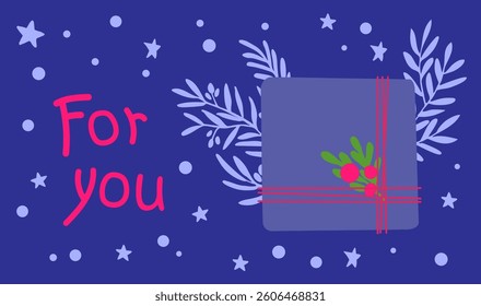 deep blue gift-themed illustration with a wrapped present, red berries, green leaves, and stars. Ideal for greeting cards, invitations, and festive decorations.