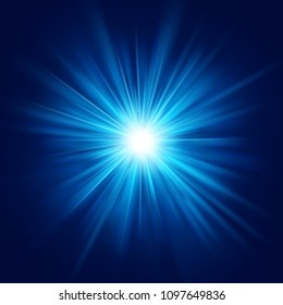 Deep blue glow star burst flare explosion transparent light effect. EPS 10 vector file