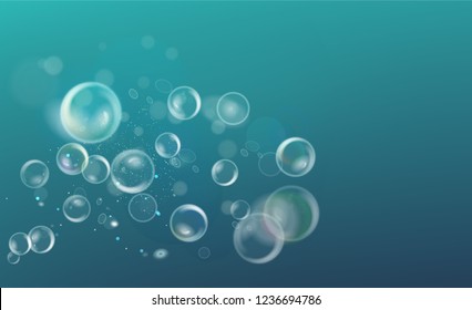 Deep blue and green blur background with bubbles. White soap bubbles on abstract background. Vector illustration
