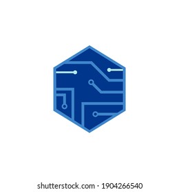 deep blue hexagon emblem with a cyber circuit inside isolated on white background, technology symbol concept, vector design illustration.