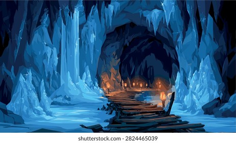 Deep Blue Ice Cave with Torchlit Path Illustration