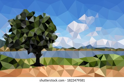 Deep blue lake horizon landscape view in sunshine low polygon background, panorama green tree park field river nature scenery with white clouds sky polygonal wallpaper.