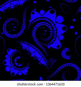 Deep blue large flower on a black background with details of melkini and drawing. To create a summer mood.