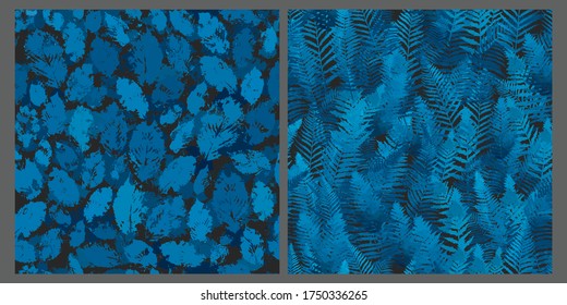 Deep blue leaves seamless patterns set, jungle backgrounds