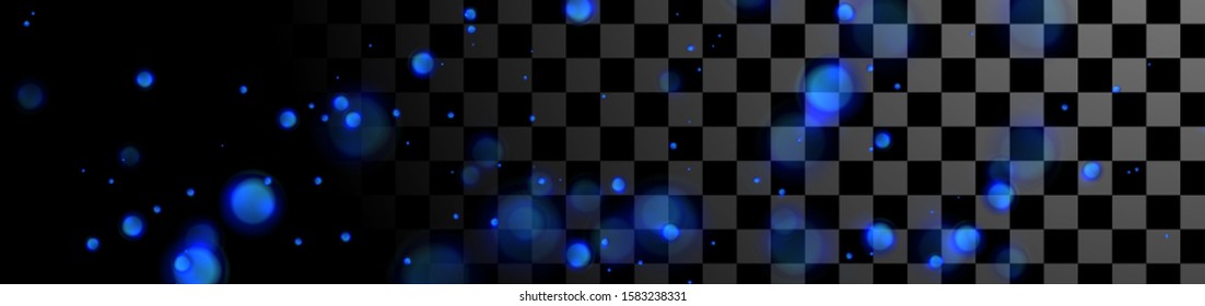 Deep blue luminous bokeh lights particles on checkered transparent background. Vector glowing banner design