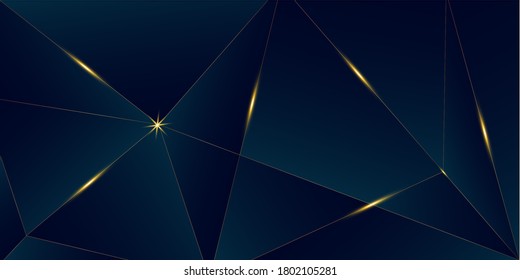 Deep Blue Luxury Gold Background. 3D Abstract Polygonal Sparkle Cover. New Year Christmas Celebration Banner. Golden Rich VIP Triangular Frame Royal Silver Business Poster Luxury Crystal Gold Card