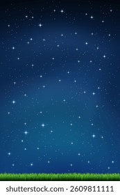 deep blue night sky vertical background, horizon of lush green grass