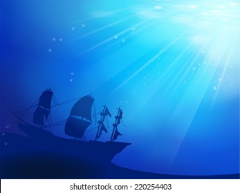 Deep blue ocean with old pirate ship shipwreck as a silhouette underwater background, create by vector. 