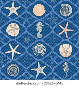 Deep blue ocean treasure motif seamless pattern print. Vector illustration. Perfect for textile, vacation themed fabric, beachwear, stationery, wallpaper, packaging, home and garden decor projects