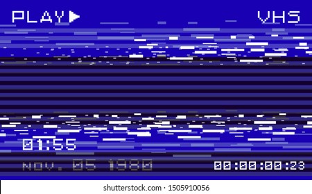A deep blue old damaged VHS tape sceen tracking a noisy bad signal from a double deck. Cool retro vintage backdrop for modern videos. Vaporwave/ retrowave style vector illustration.