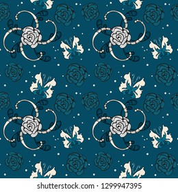 Deep blue pattern with butterfly, for decor, pattern for textile, vector