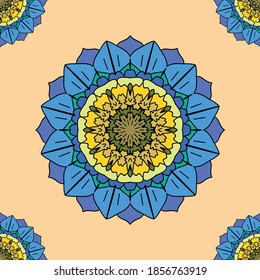 Patrón floral geométrico de color azul profundo y melocotón. Mandala botánica inspirada en la flor de la miosotis (el nombre común "olvídenme-no"). Flores pequeñas sin costura.