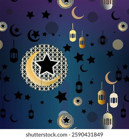  Deep blue Ramadan background with golden Islamic circular ornaments and lanterns.