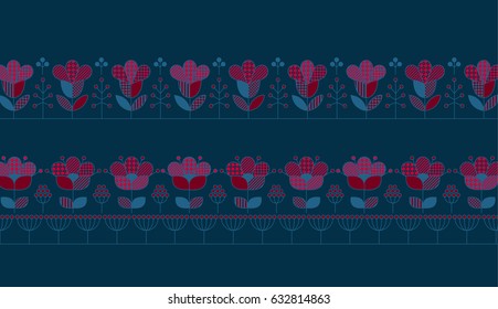 Deep blue and red pattern design elements for in boho style.  Rustic decorative surface design inspired by traditional folk European ornaments for print and web cards, header, poster. 