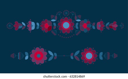 Deep blue and red pattern design elements for in boho style.  Rustic decorative surface design inspired by traditional folk European ornaments for print and web cards, header, poster. 