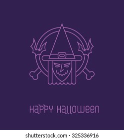 Deep blue round emblem with bats and bones and witch in the middle in outline style, vector