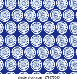 Deep blue rural seamless pattern. Fabric texture with decorative flowers. Background with circle ornamental texture