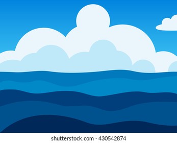 Deep blue sea background with waves and clouds. Ocean and white cumulus clouds. Ocean view landscape.  Vector Illustration. 