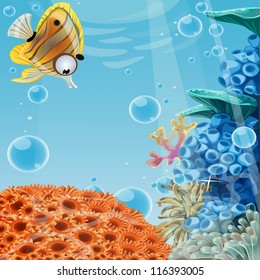 Deep blue sea with coral reefs and sea anemones. Banner for your text