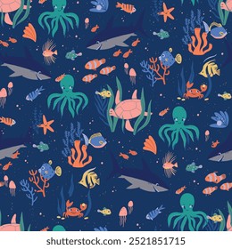 deep blue sea ocean living creatures elements abstract colorful fish octopus decorative illustration wallpaper background seamless pattern repeat print gift wrap textile fabric vector artwork