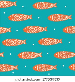 Deep blue sea pattern. Orange fish swimming on blue background. Doodle aquatic textile. Cartoon Оcean seafood vector illustration.