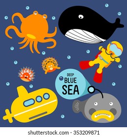 DEEP BLUE SEA
Travel in the sea by yellow submarine discover giant whale, orange octopus, puffer fish.
