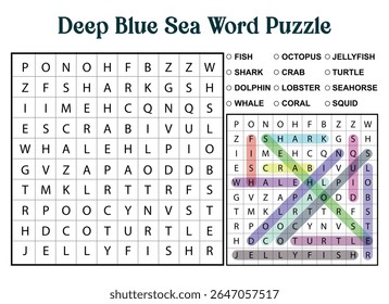 Deep Blue Sea word puzzle with sea animal words to find. Educational game with answer key included.