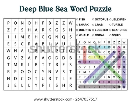 Deep Blue Sea word puzzle with sea animal words to find. Educational game with answer key included.