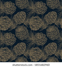 Deep blue seamless pattern of Christmas golden cedar branches and cones