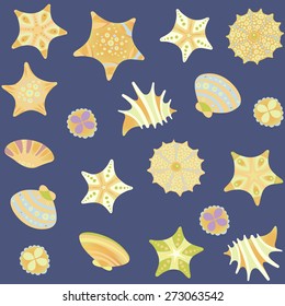 Deep blue seashore background with various sea animals. Seamless pattern. 