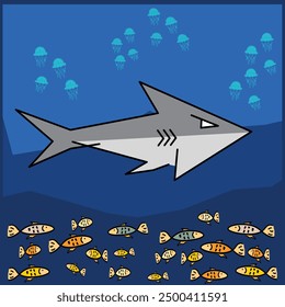 Deep blue sharks in doodle style. Hand drawn vector art.