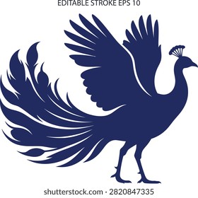 A deep blue silhouette graphic of a peacock with an open wing and a decorative long tail on white background