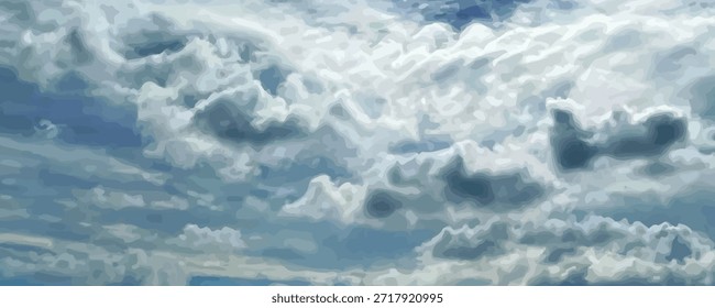 Deep blue sky with beautiful soft clouds. View of abstract art background of heaven space. Panorama pattern concept image of nature, sky, clouds, ocean, waves. Holiday vacation tourism. Travel mood.