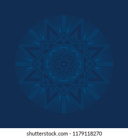 Deep blue sophisticated snowflake design element. Line structure minimal xmas vector decor. One mandala style Christmas snowflake.