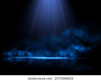 A deep blue spotlight illuminates a dark, misty stage, surrounded by soft haze and reflections, creating a serene and mystical atmosphere with a dramatic and ethereal glow.