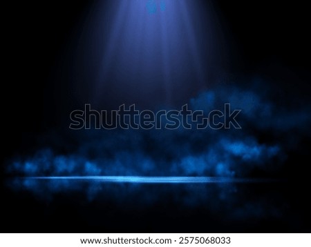 A deep blue spotlight illuminates a dark, misty stage, surrounded by soft haze and reflections, creating a serene and mystical atmosphere with a dramatic and ethereal glow.